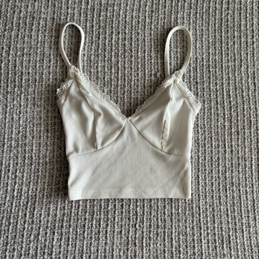 Cream Lace Trim Ribbed Crop Top